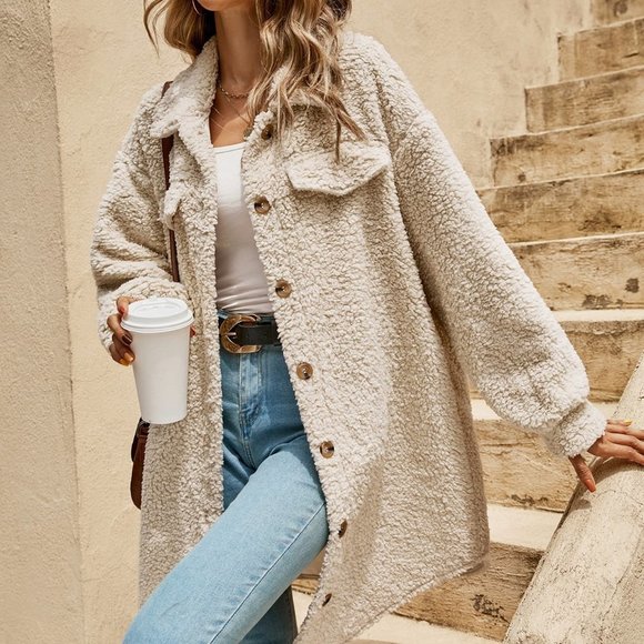 Apricot Preppy Womens Drop Shoulder Flap Detail Teddy Coat - Picture 5 of 5